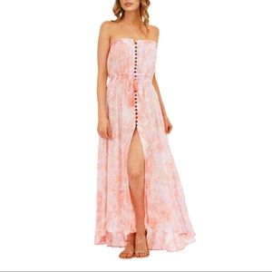 Tiare Hawaii Ryden tie dye strapless coconut shell high slit maxi O/S  fringe